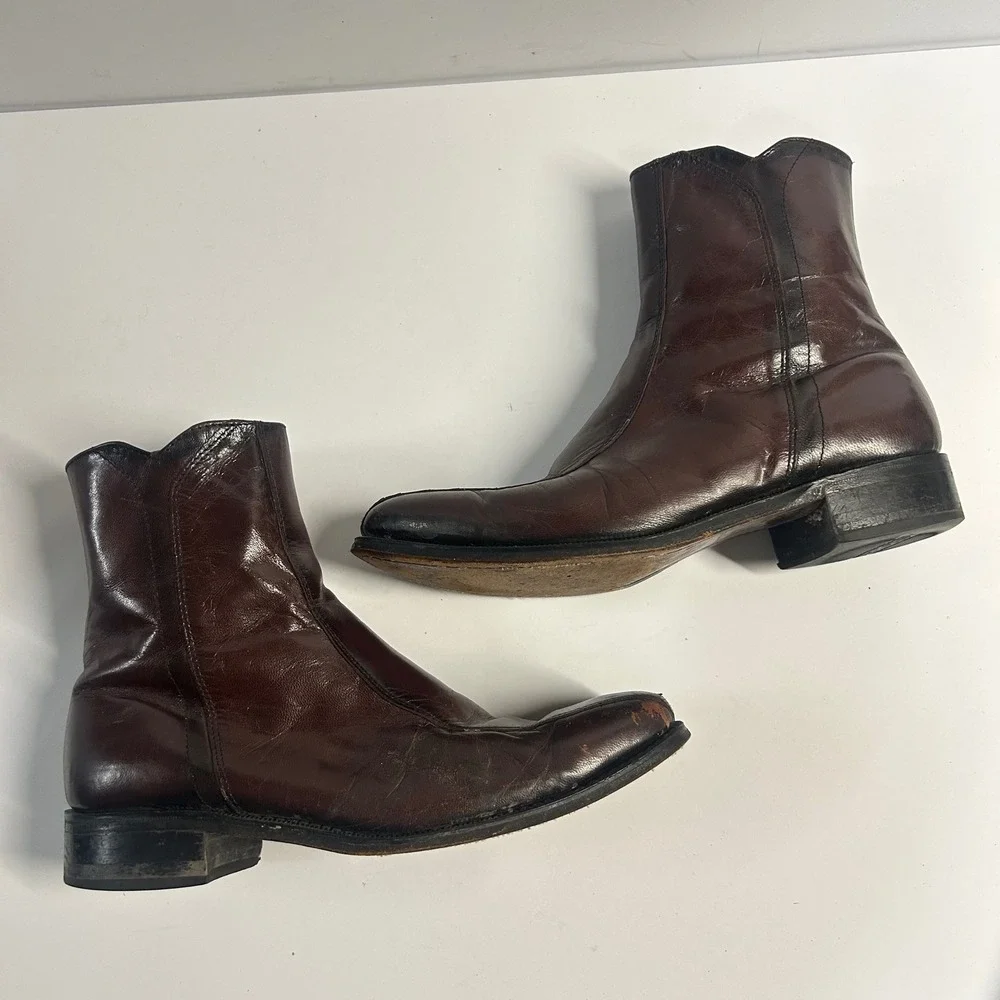 Florsheim Leather Side Zip Ankle Boots Brown Mens 8 D Square Toe 11087-05 Dress